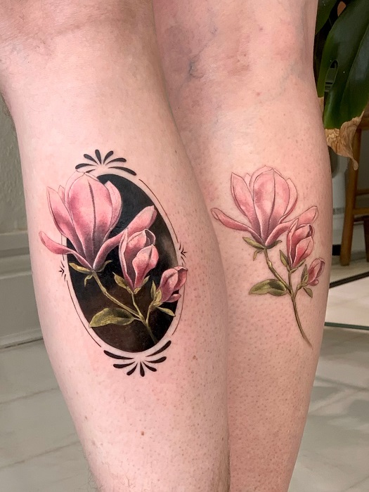 pink magnolia calf tattoo