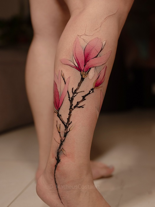 pink magnolia lower leg tattoo