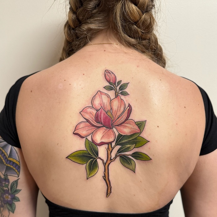 colorful magnolia back tattoo